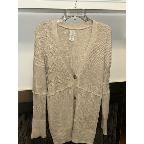 Joie Women Beige Button Down Cable Knit Cardigan Sweater Size M Cotton Preppy - Picture 2 of 6